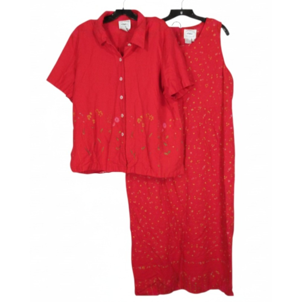 VTG COUNTRY WEAR COLLECTION Red LINEN BLEND Button FLORAL Shirt/Dress OUTFIT XL